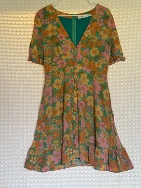 Petal & Pup Floral Mini Dress Womens Size 8 Teal Pink Boho Button Front